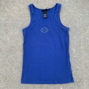 Y2K Harley Davidson Rhinestone Logo Blue Stretch Rib Knit Ladies Tank Top LARGE